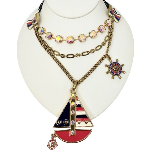 Betsey Johnson Sailboat Nautical Necklace 21" Layered Crystal Navy Ivy League - Picture 1 of 10